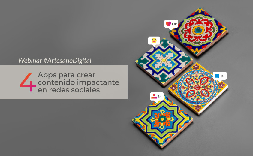 Imagen promocional, tercer webinar #ArtesanoDigital con cuatro lozas de cerámica pintada